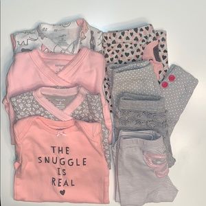 Lot of 4onesies and 4 Pants pink and gray